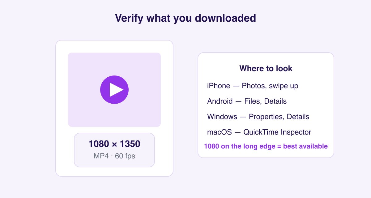 How to verify a downloaded Instagram video's real resolution on iPhone, Android, Windows, and macOS: look for 1080 on the long edge